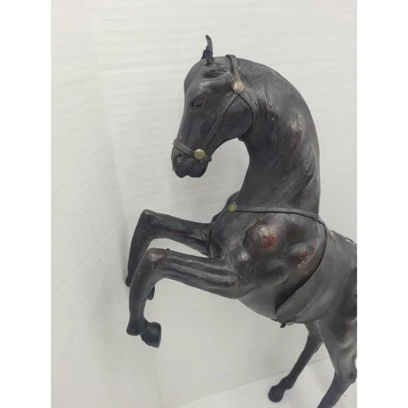 Vintage Large 14" LEATHER Wrapped Rearing Horse Figure W/ Saddle - Picture 3 of 16